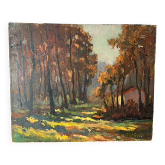 Cabin in the forest, oil on panel, signed H Classens.