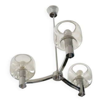 3-branch chrome-plated metal chandelier, smoked gray glass globes, See Delmas 1970