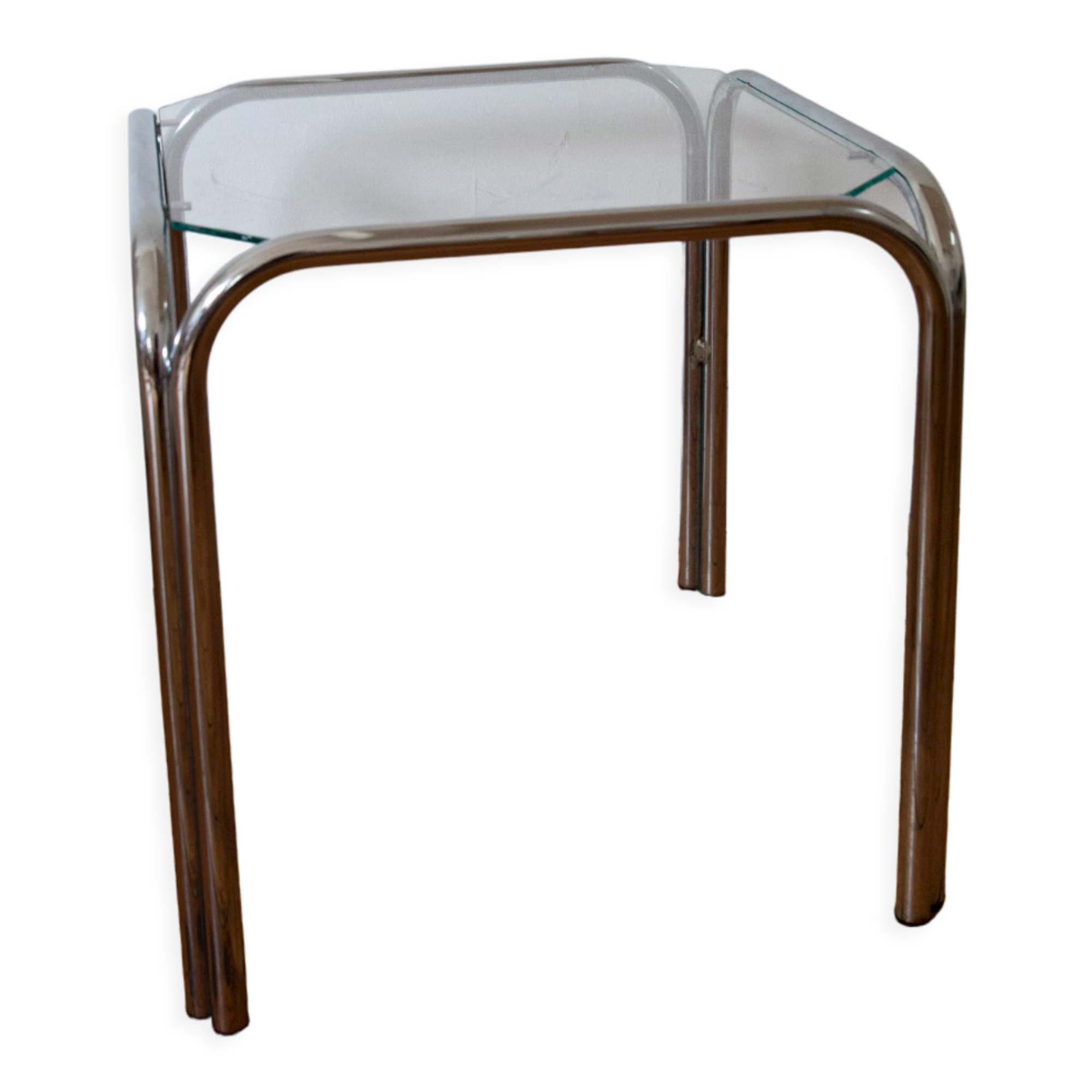 Table d'appoint en verre et métal chromé