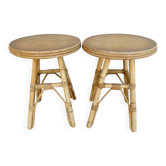 Paire de tabourets en bois et rotin, vers 1960