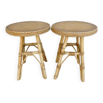 Pair of wooden and rattan stools, circa 1960.