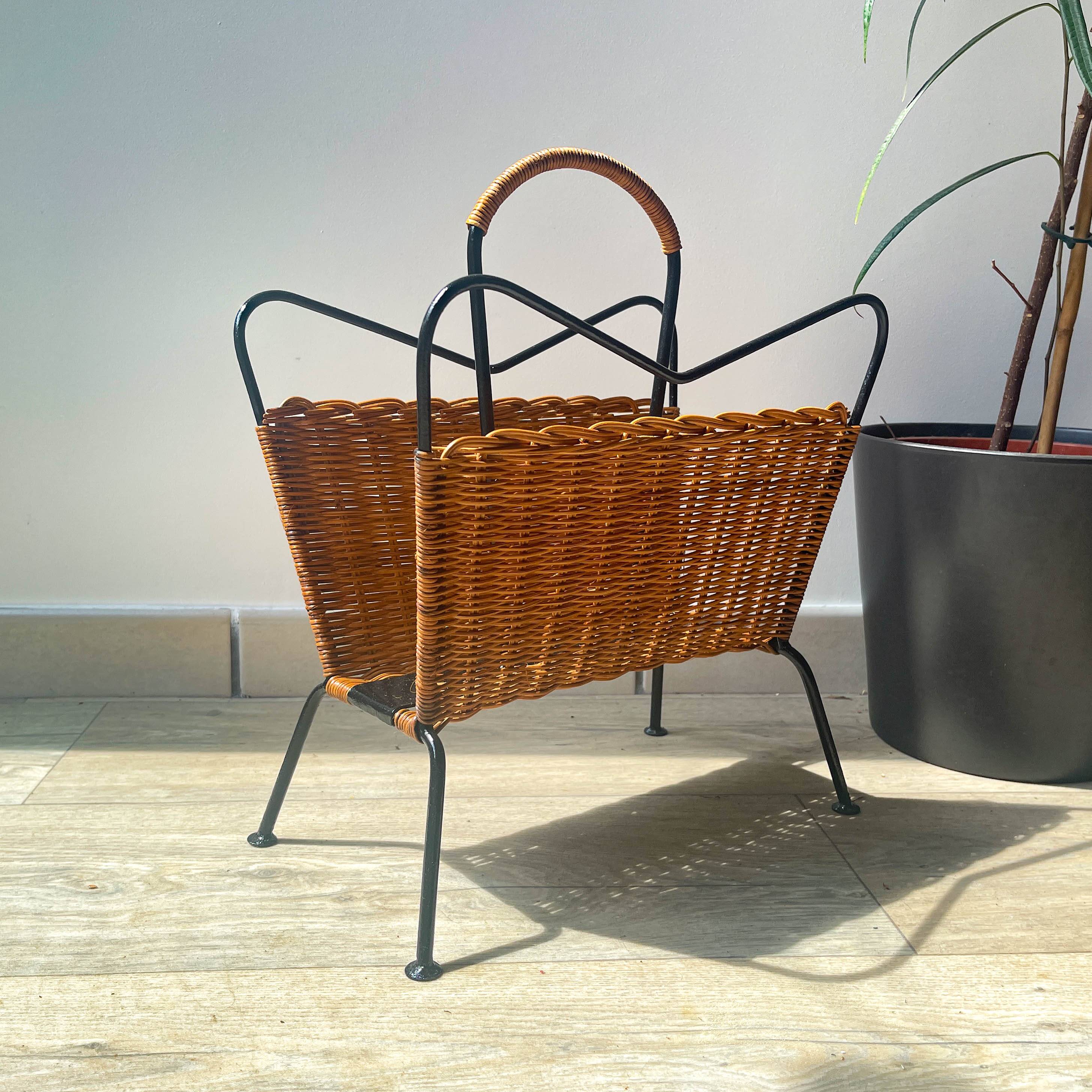 Vintage wicker and metal magazine rack 1970