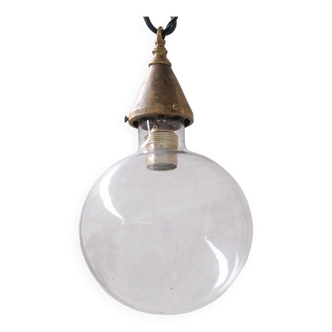 Ampoule en verre clair et laiton pendentif français du milieu du siècle