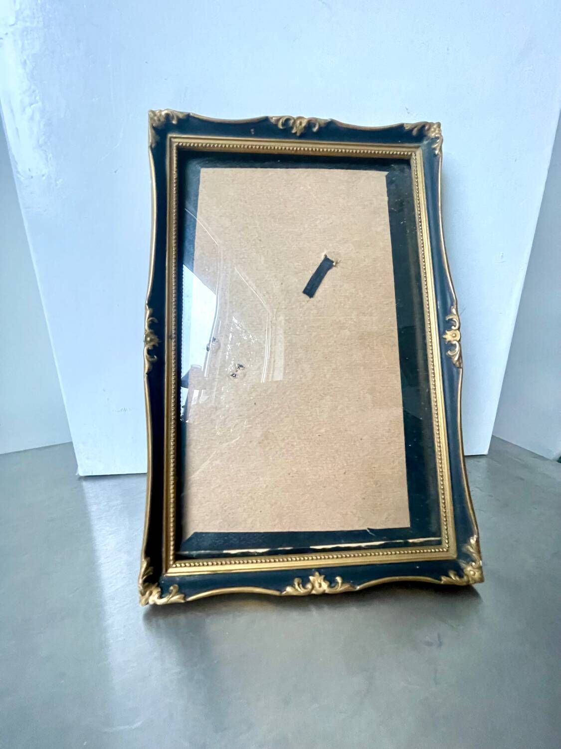 Antique black & gold wooden frame   24 cm x 16 cm convex glass