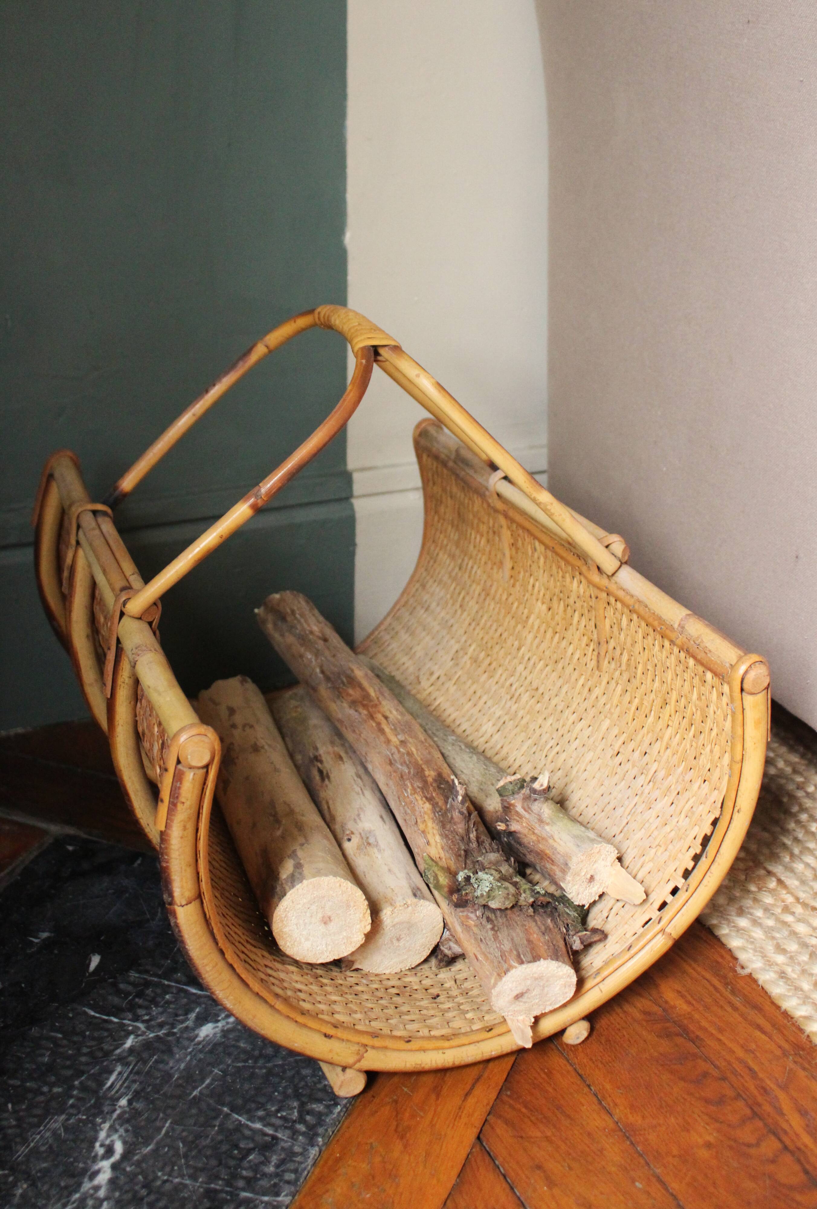 Porte revues panier bûches rotin osier vintage