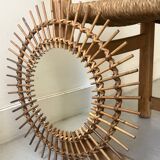 Round sun-shaped rattan wall mirror, vintage 1970