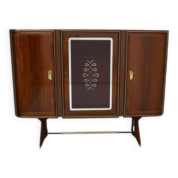 Attributed Gio Ponti Mid-Century Italian Mahogany and Brass Bar Cabinet, 50