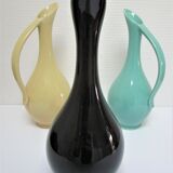 Trois céramiques émaillées design années 60 soliflores noir jaune vert