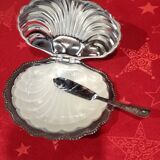 Silver-plated metal scallop butter dish and white glass bowl