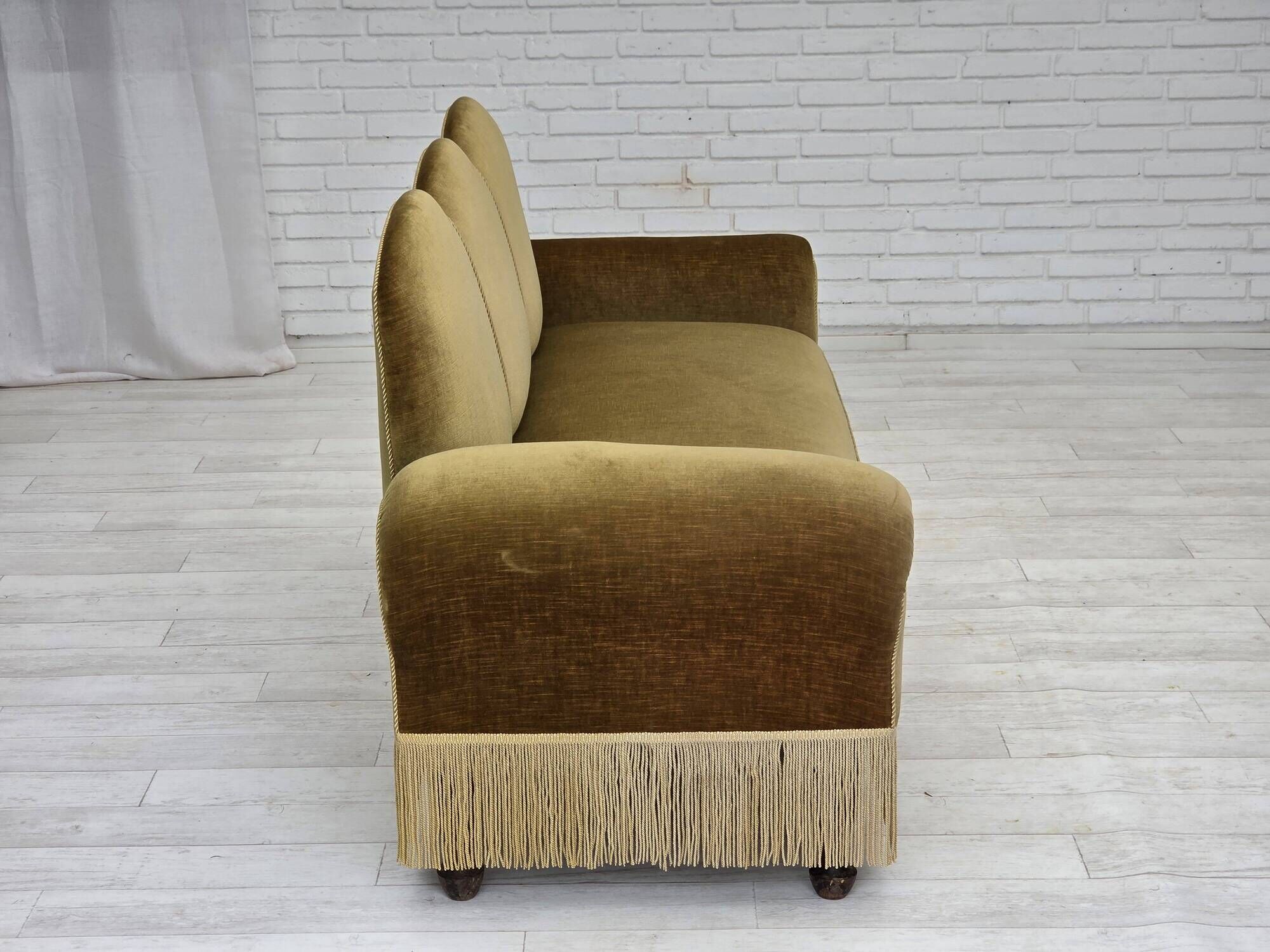 1950s, 2 seater sofa/daybed, light green furniture velour, ash wood legs.