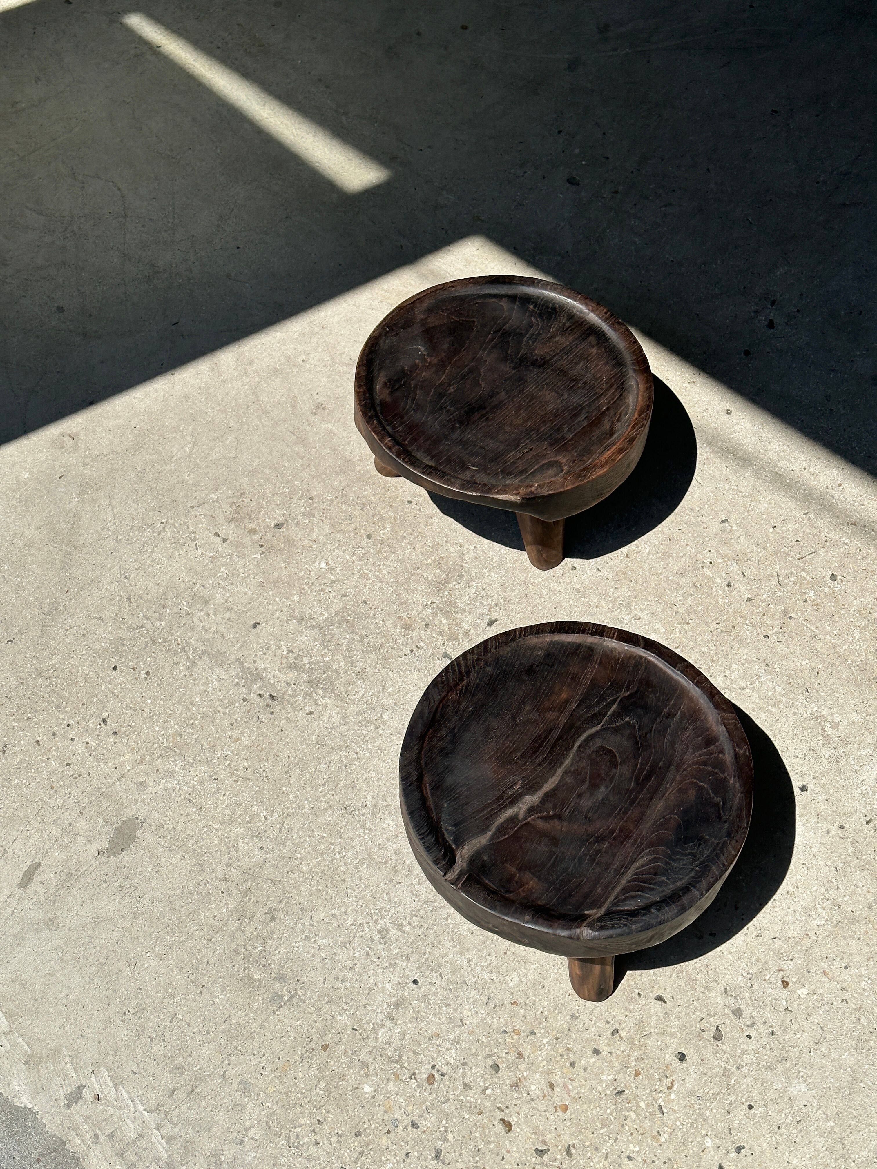 Small tripod stool low in dark brown upcycled teak