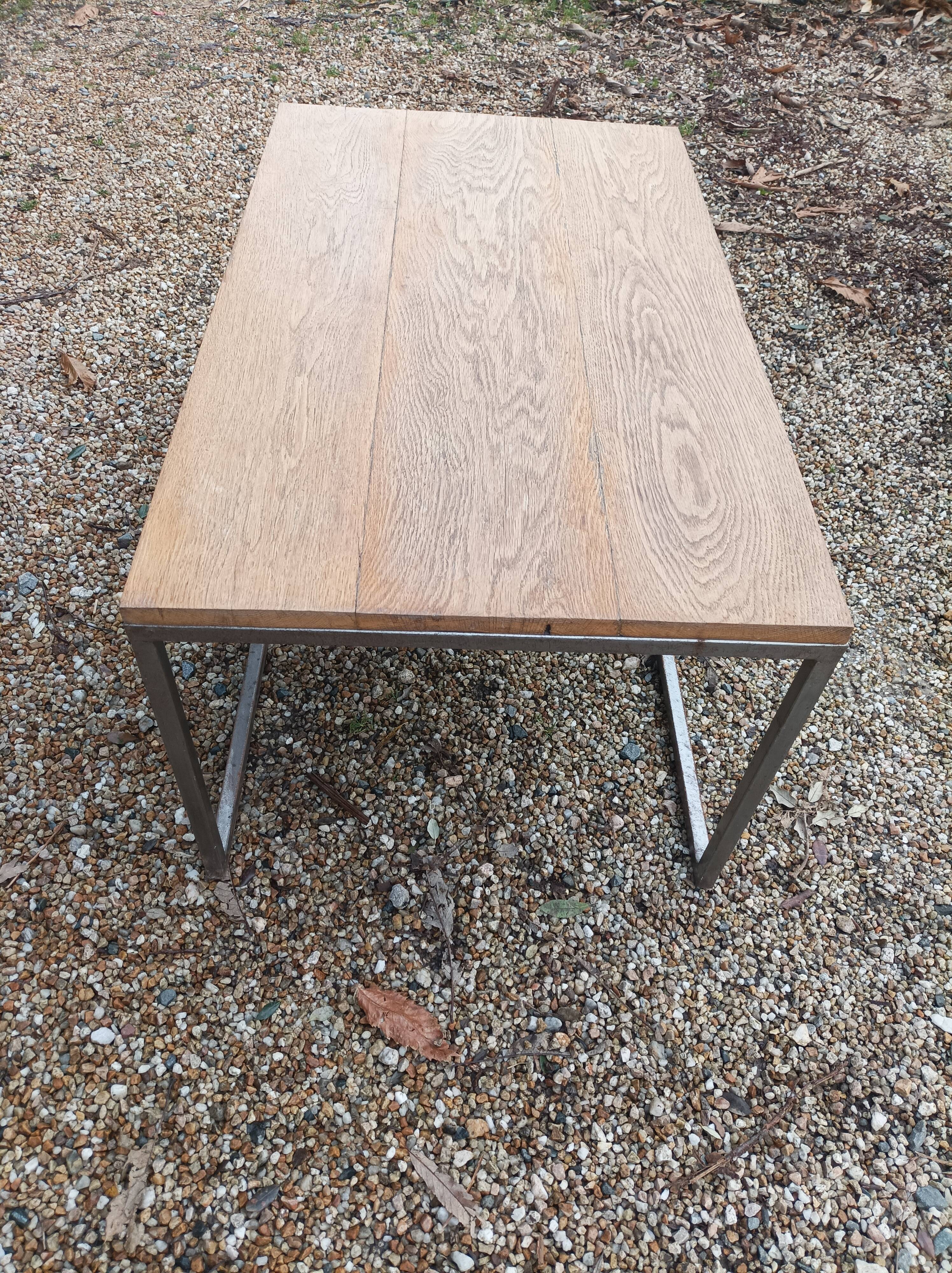 Solid wood living room coffee table with patinated metal legs