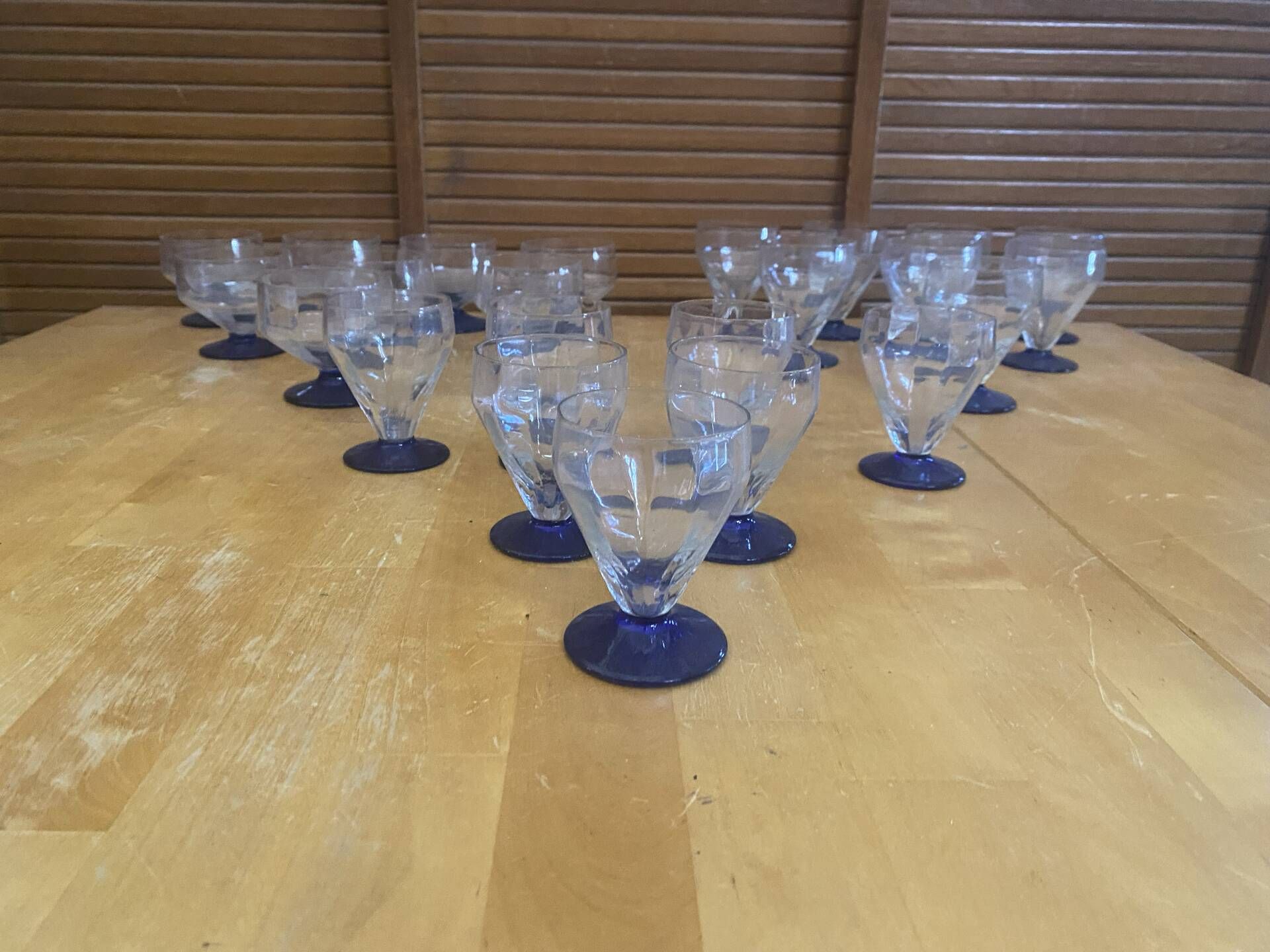 Set of 23 Stemmed Glasses Transparent Glass + Cobalt Blue Stems Vintage