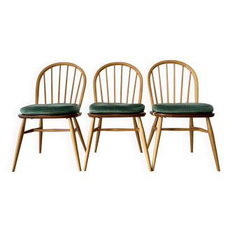 Set of 3 Ercol Windsor Dining Chairs with Green Seat Pads