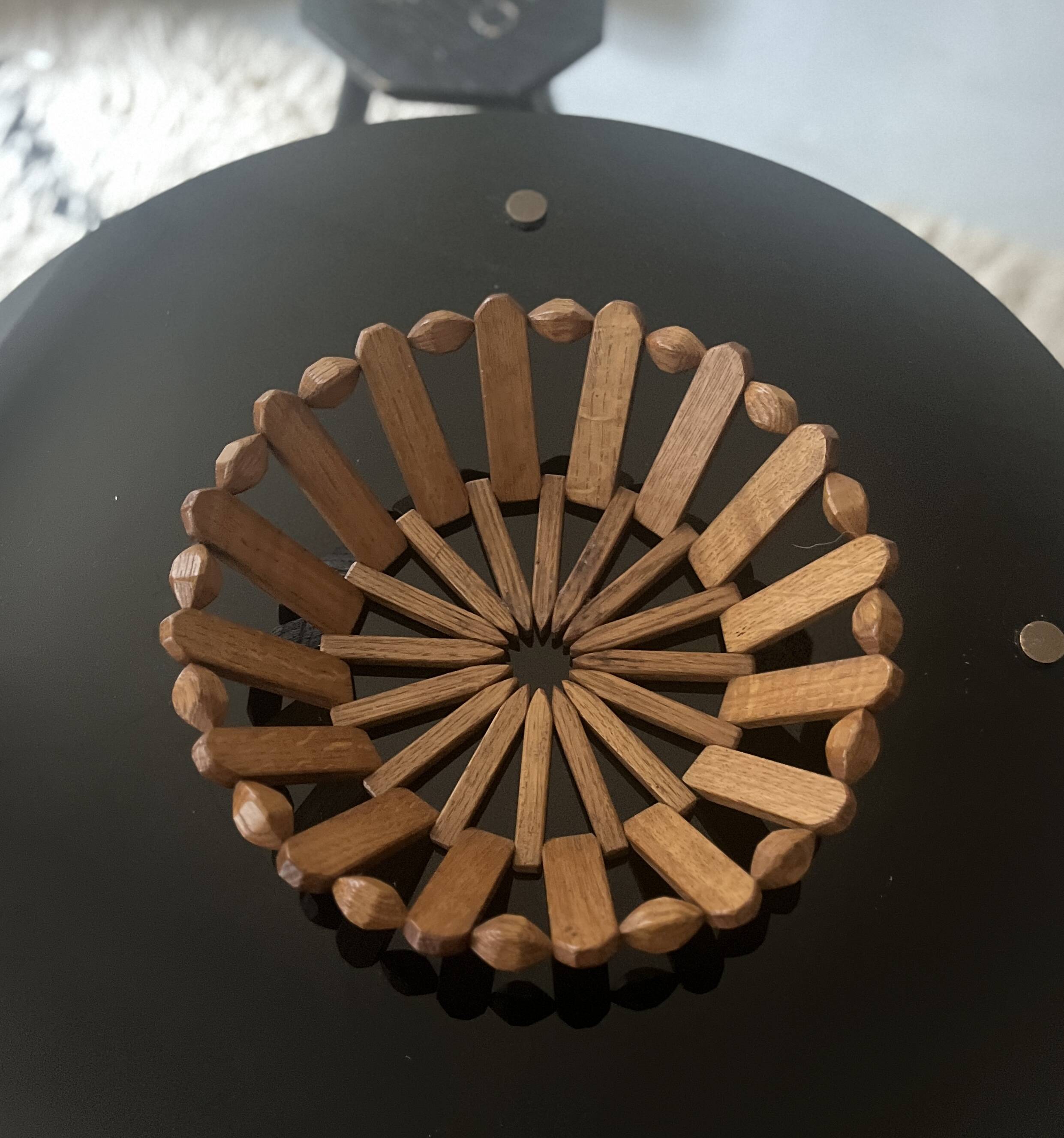 geometric olive wood basket, France 1970