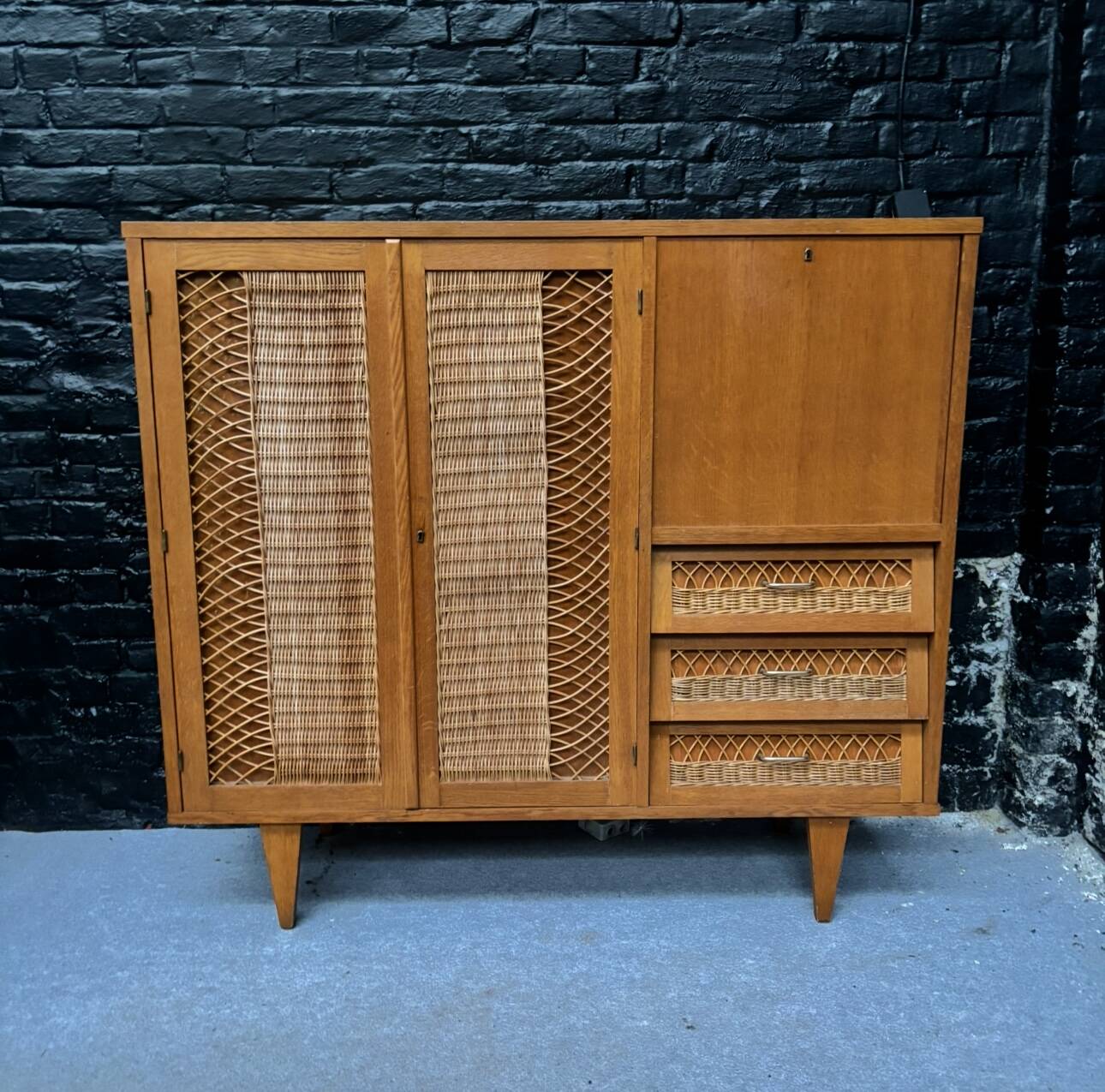 Vintage retro 1960s rattan and wood cabinet with desk section