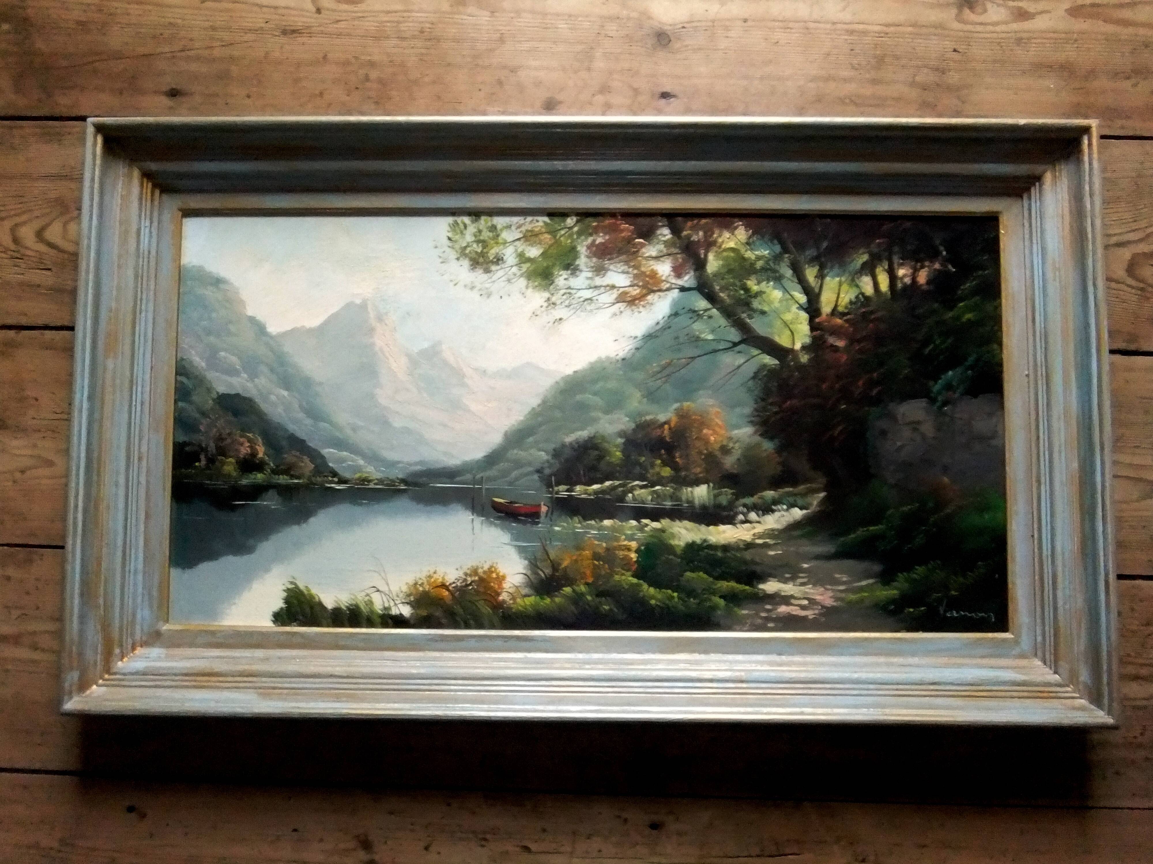 Oil painting landscape signed Vernon Gustavian blue and gold frame