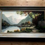 Oil painting landscape signed Vernon Gustavian blue and gold frame