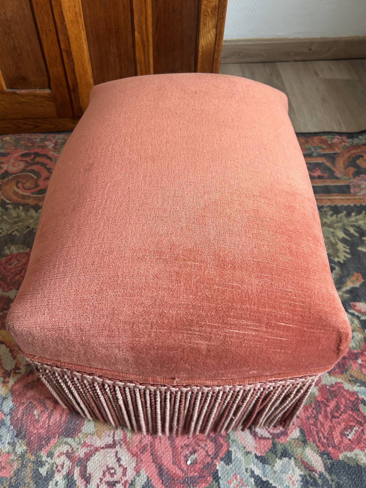 Vintage pink velvet fringe ottoman pouf