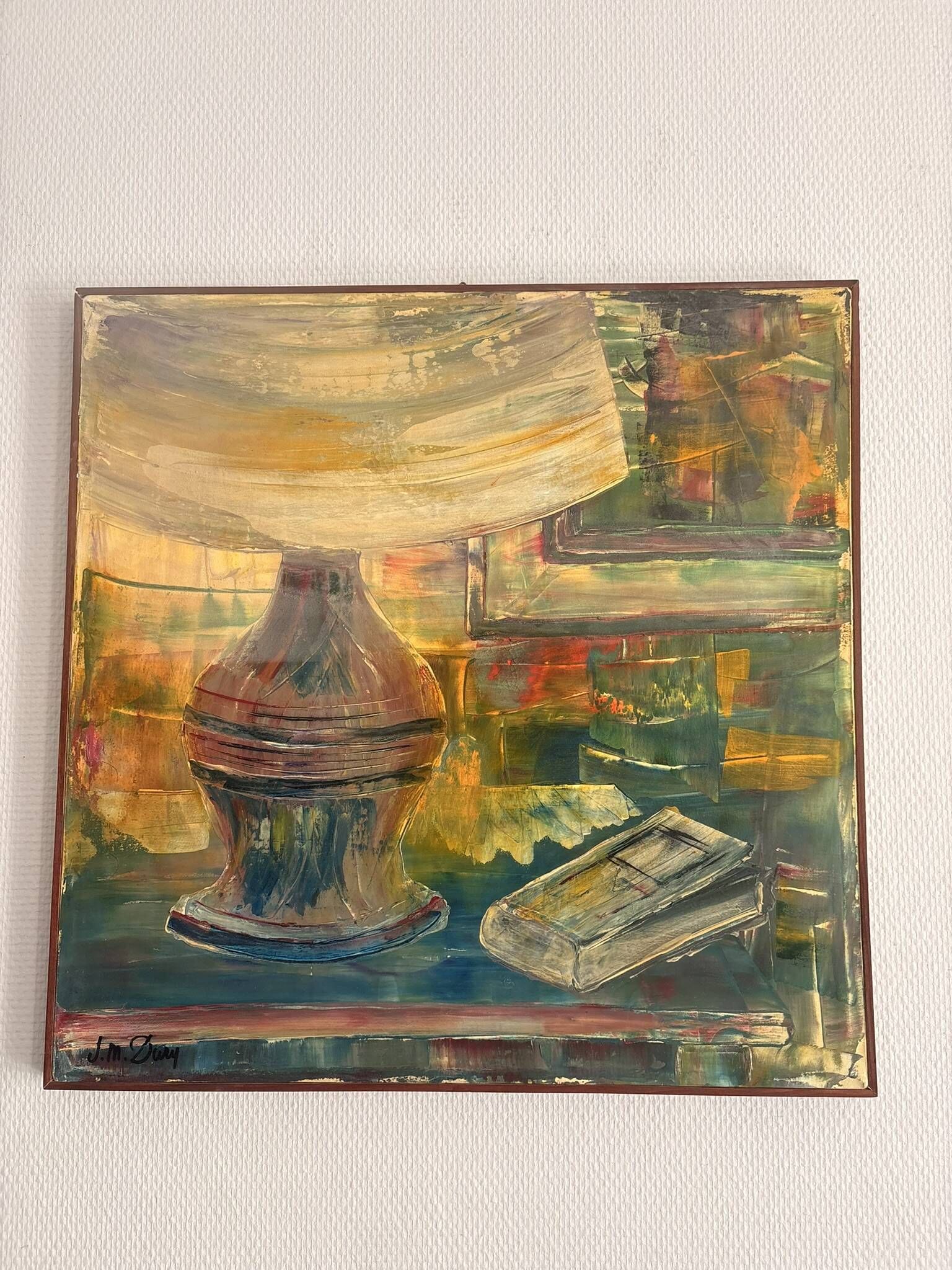 Old Oil Painting Canvas Still Life Lamp Book Modernist