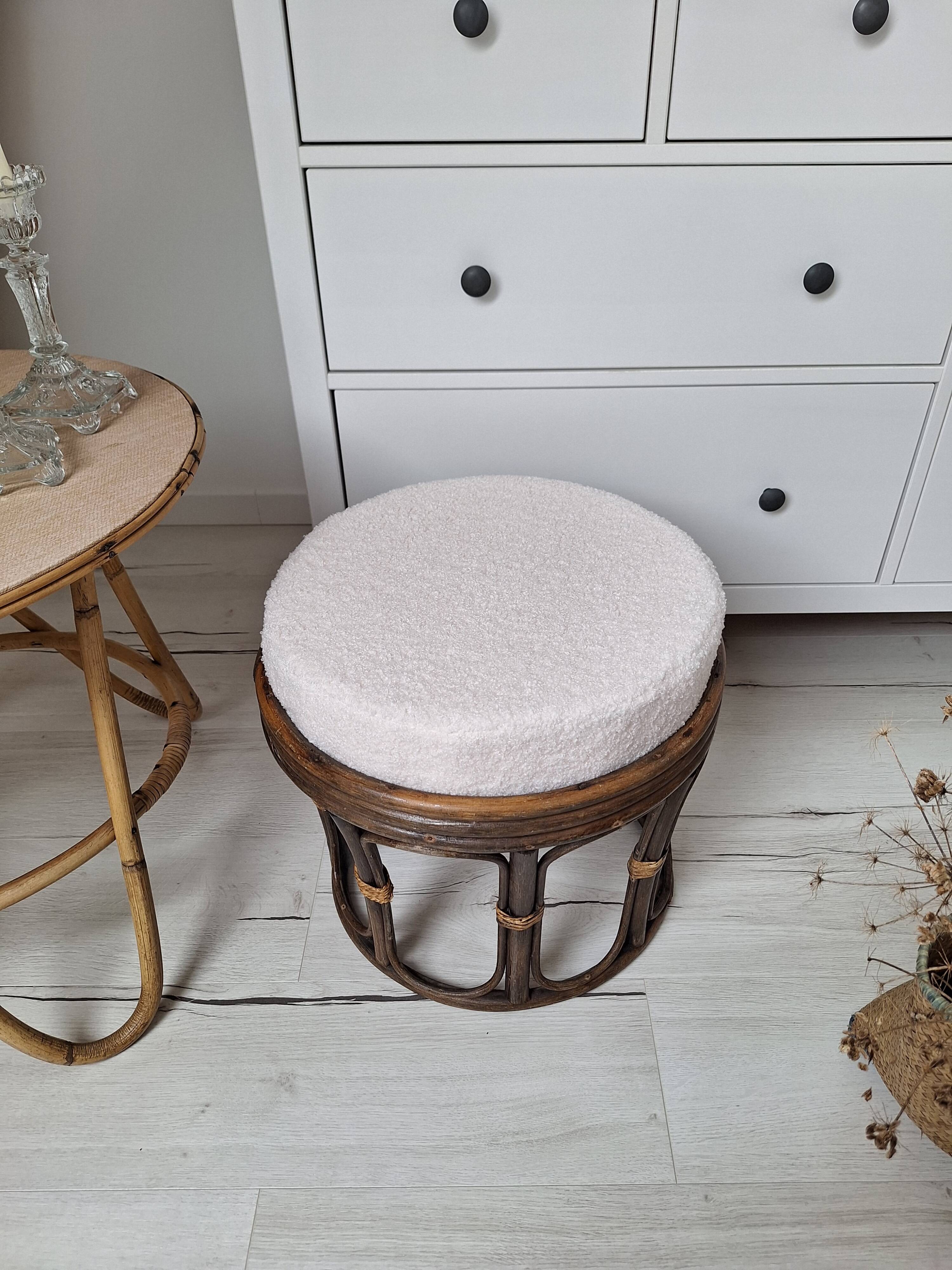 Vintage rattan and French terry fabric pouf