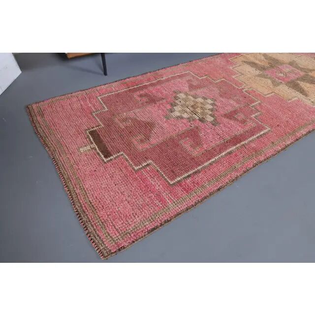 Vintage Turkish hand-knotted wool cotton pink runner rug 92x290