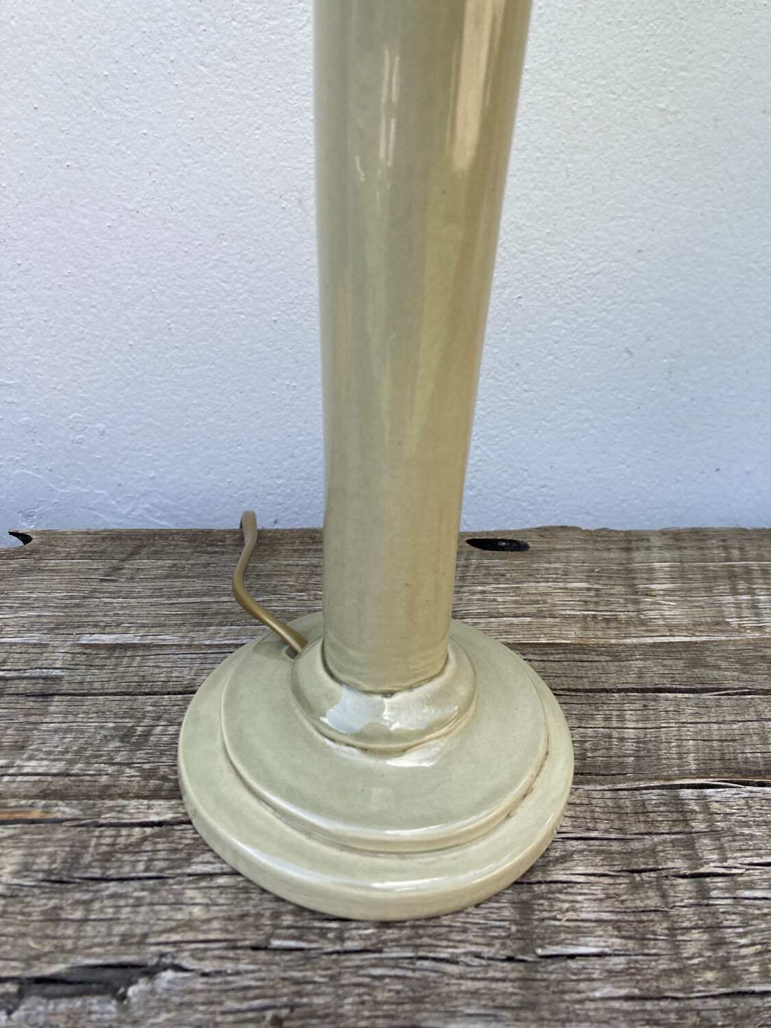 Beige ceramic lamp and iridescent white lampshade