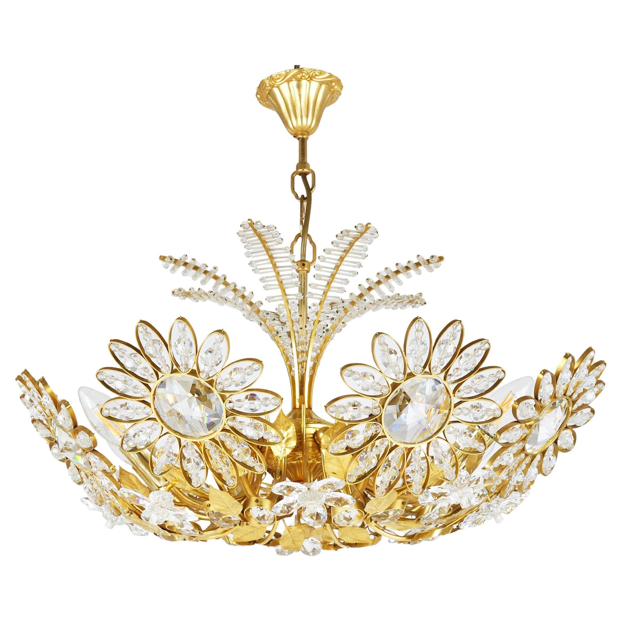 Ernst Palme Grand Chandelier Palm Tree Flower Palwa, Gilded Brass, Crystals, 1970s