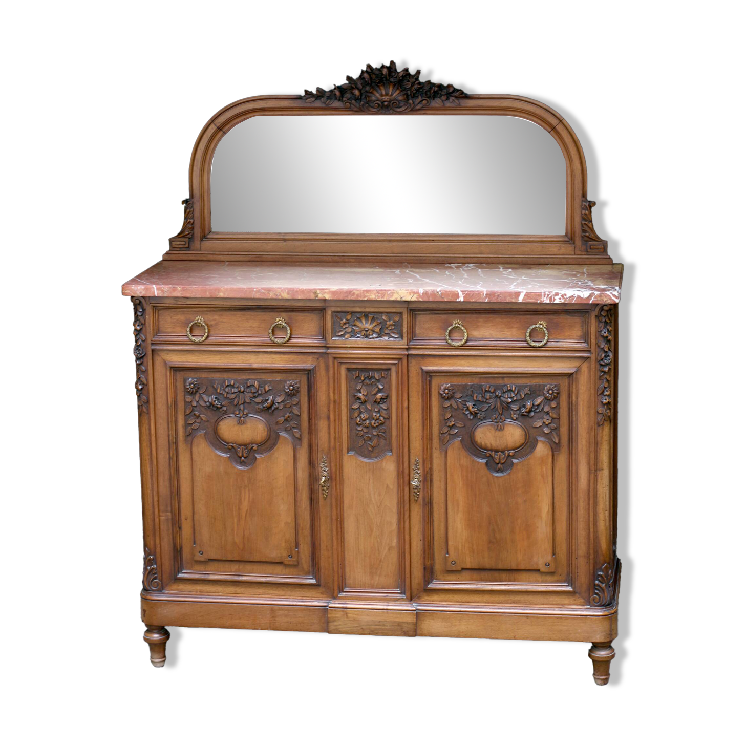 Buffet with mirror in solid walnut. Late 19th century, beautiful piece.