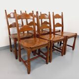 Set of 6 vintage brutalist chairs in oak wood from the 60s