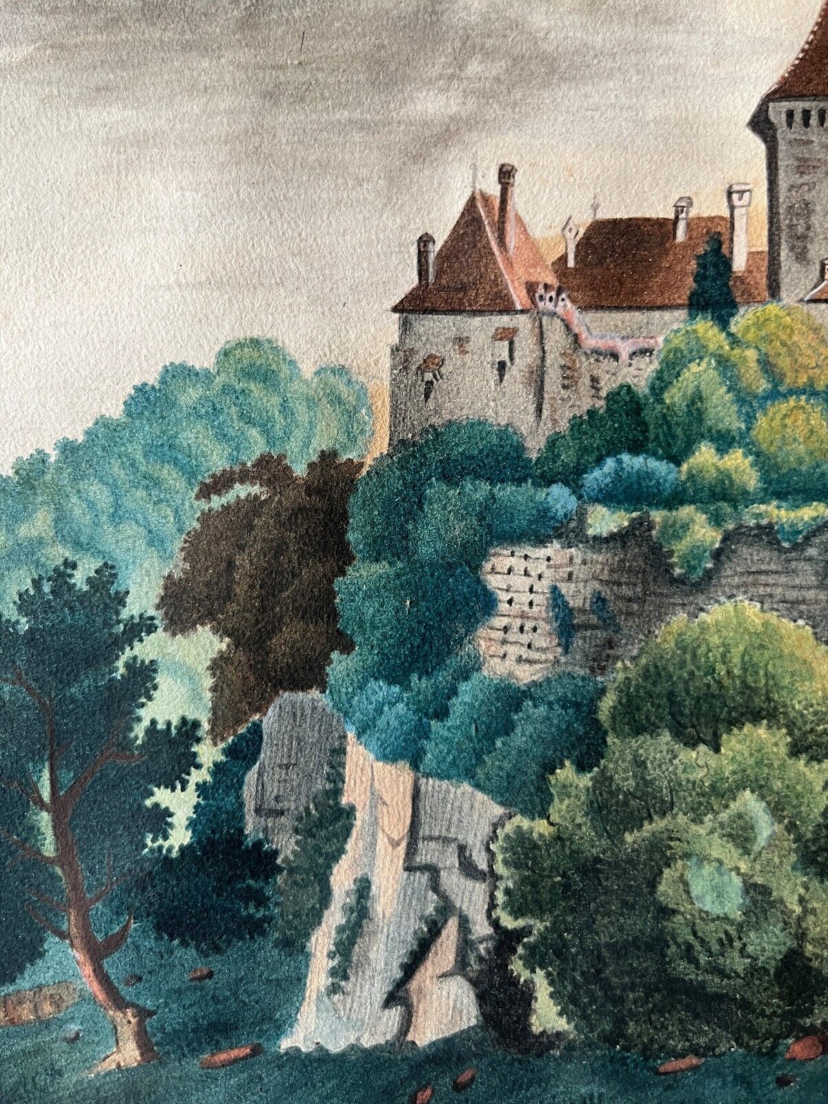 Watercolour painting XVIII "View of Lasaratz - Château de Sarraz" Canton of Va
