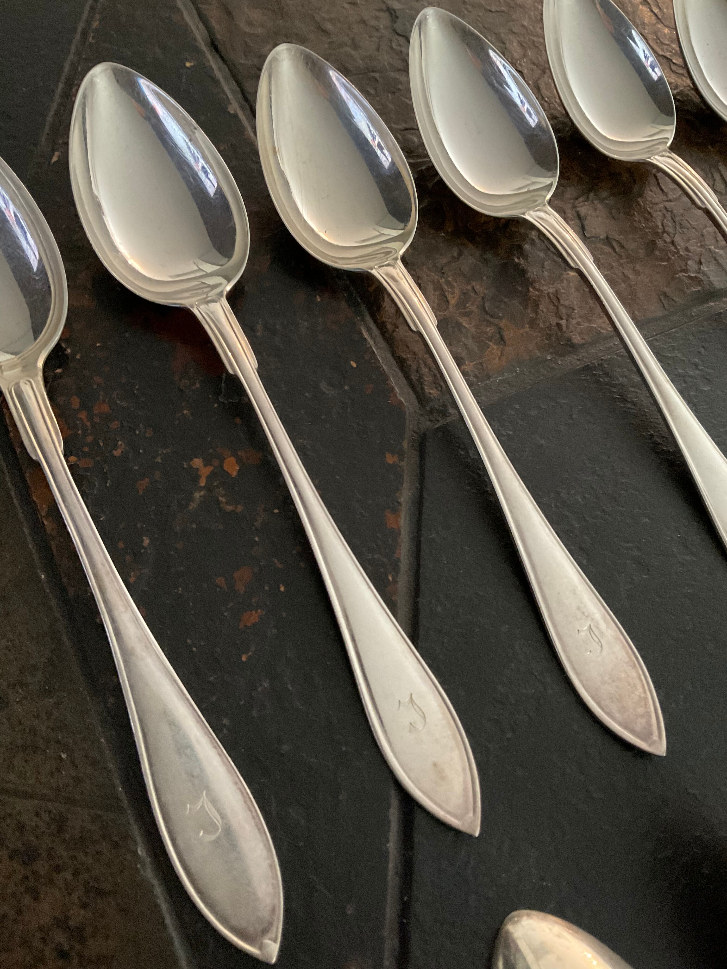 12 silver metal spoons monogram engraved J