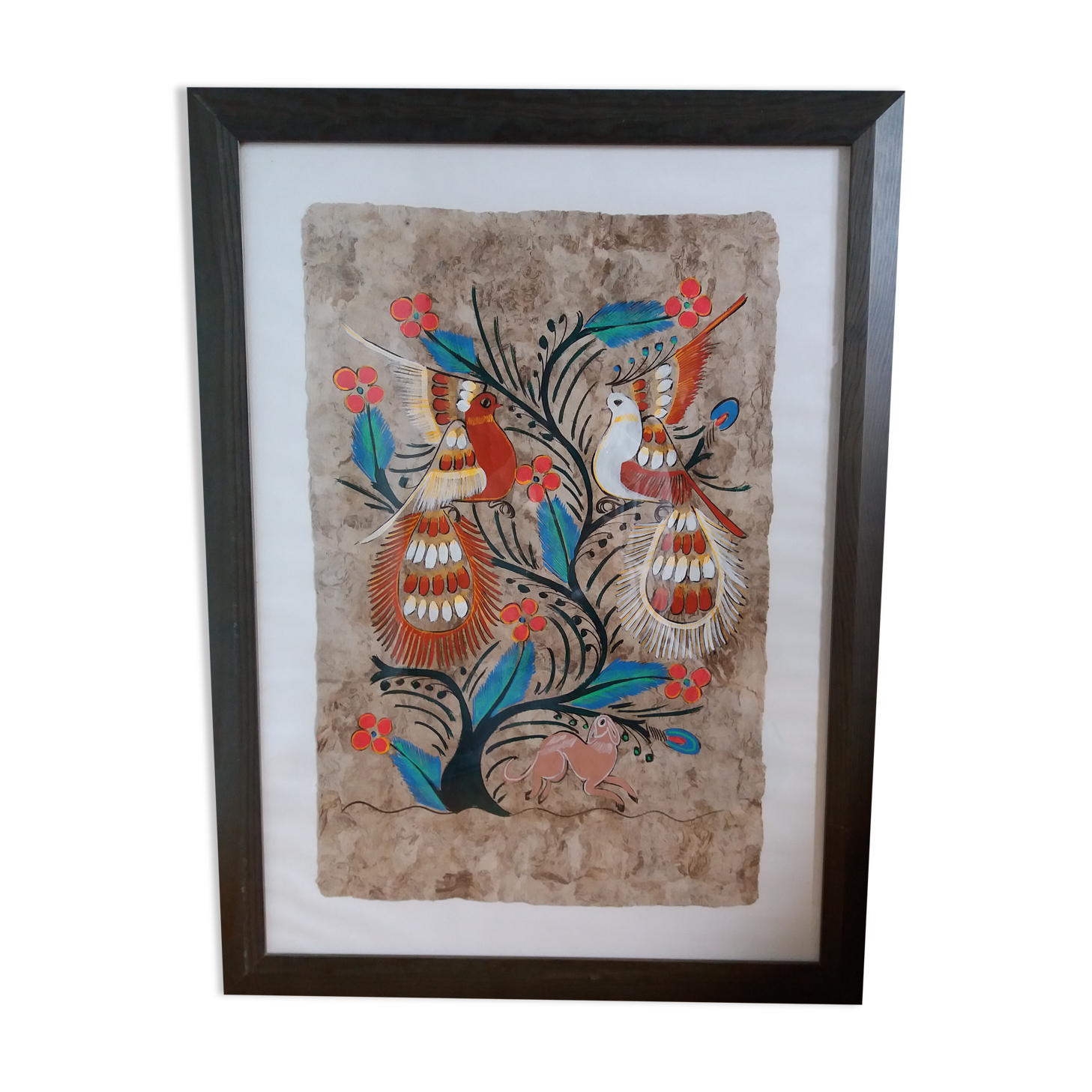 Painting on amate from Mexico, birds and flowers, framed