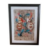 Painting on amate from Mexico, birds and flowers, framed