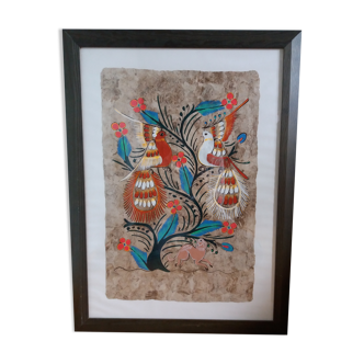 Painting on amate from Mexico, birds and flowers, framed