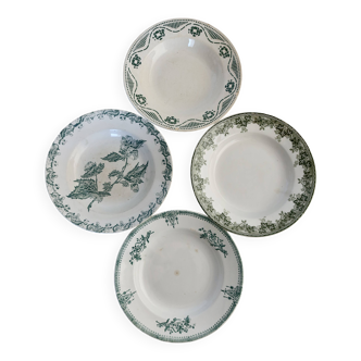 4 mismatched old green ironstone deep plates