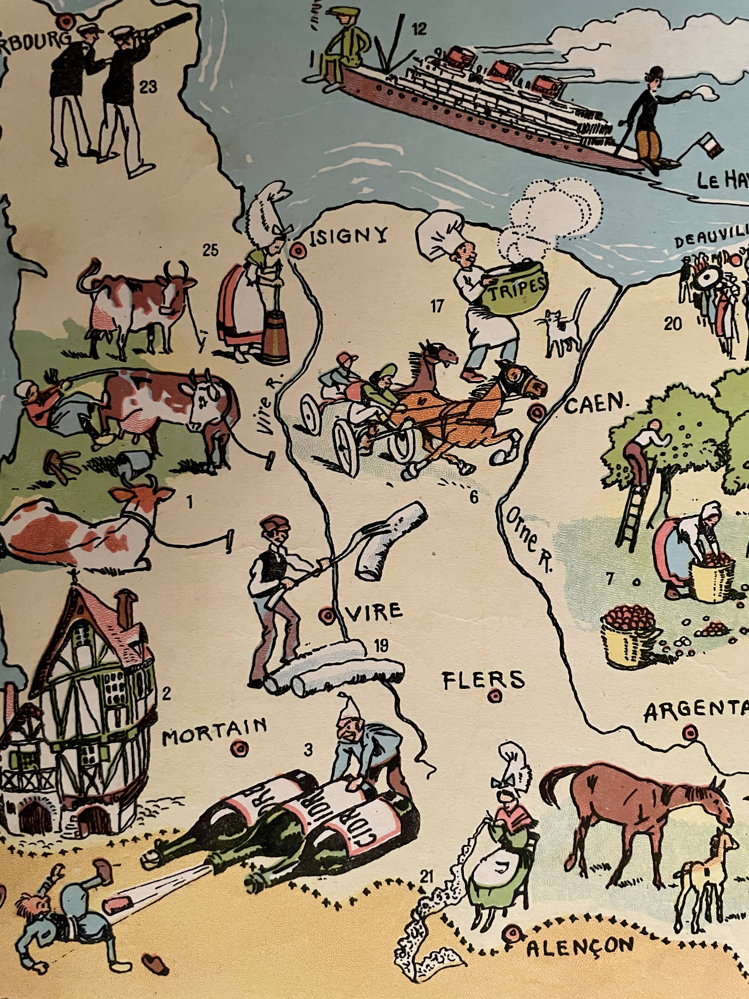 Affiche ancienne carte illustrée de la Normandie 1927 - JP Pinchon