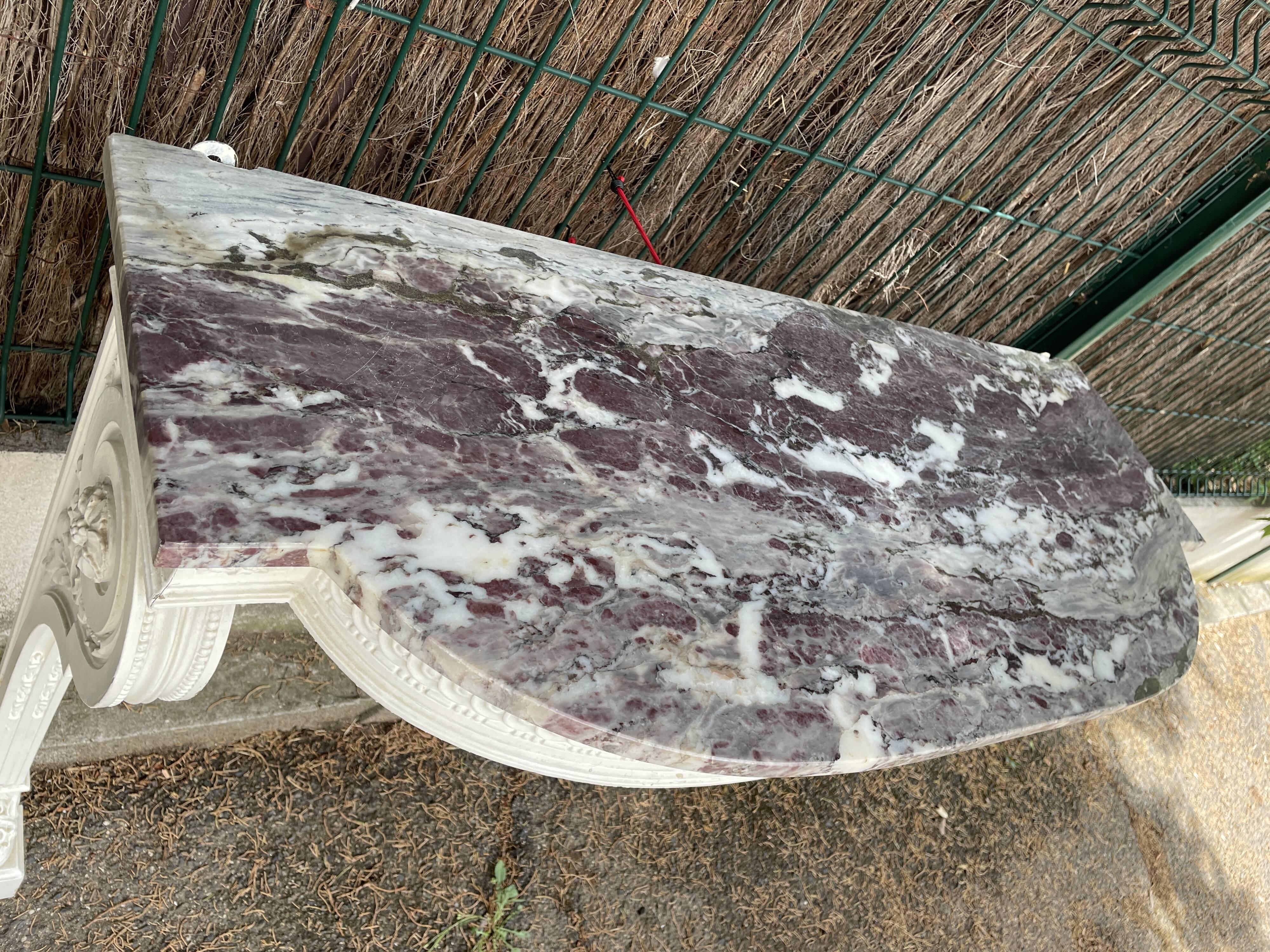 Painted wooden wall console with doe legs and interlacing. Louis XVI. Peach blossom marble