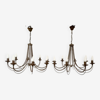 Pair of matte metal chandeliers