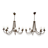 Pair of matte metal chandeliers