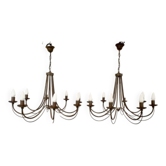 Pair of matte metal chandeliers