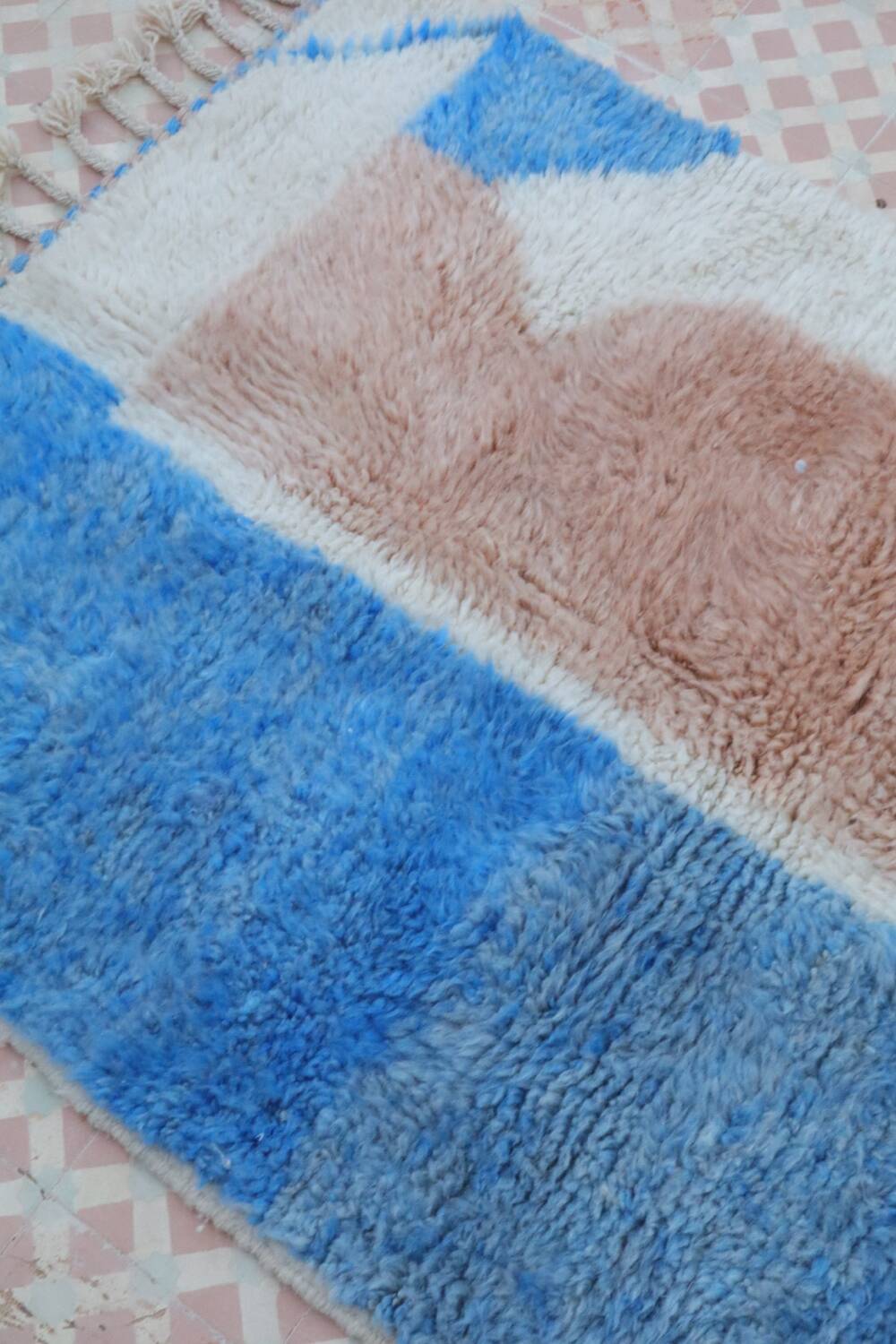 Modern light blue and beige colorful Berber rug