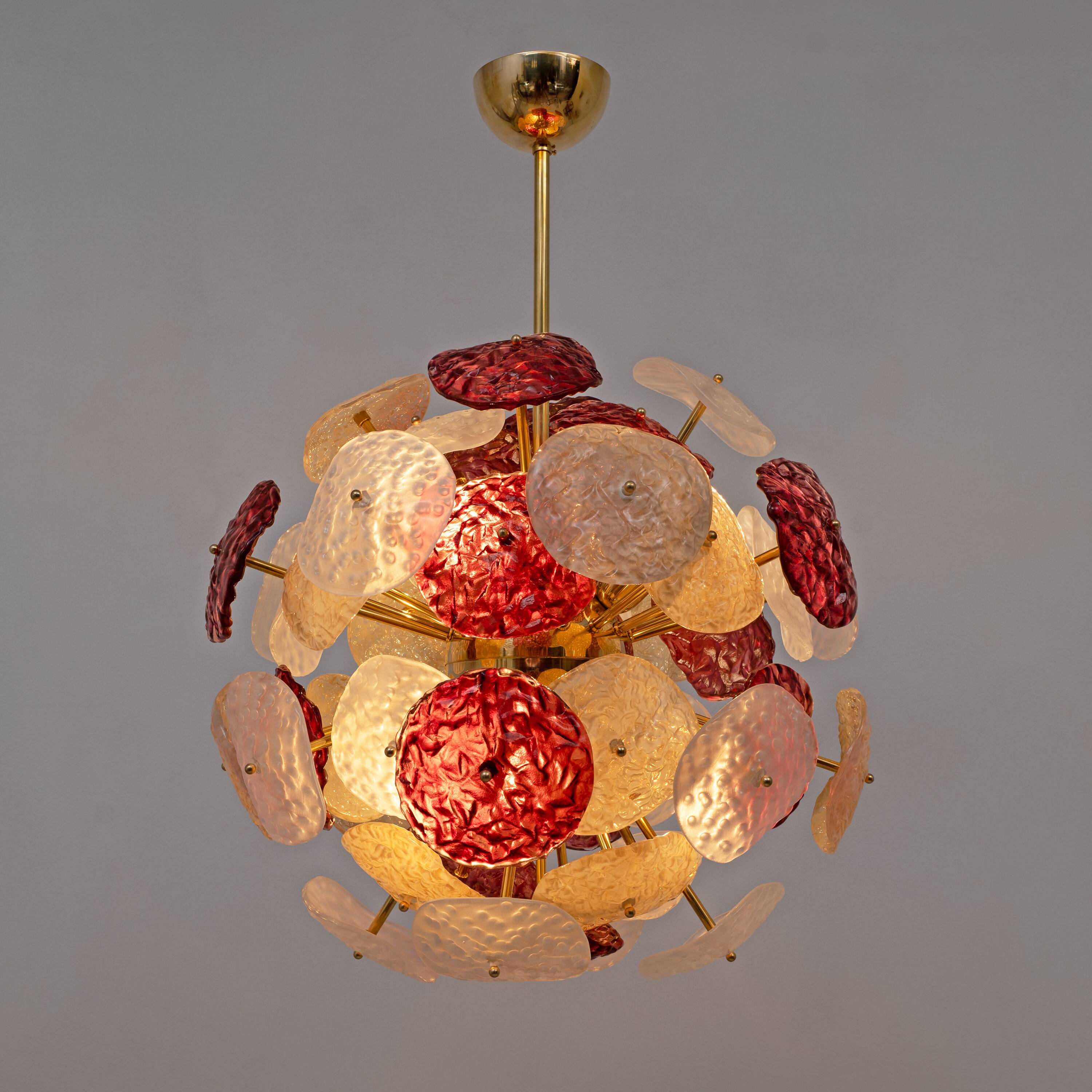Murano Glass and Brass Sputnik Chandelier Cherry Red, White and Champagne