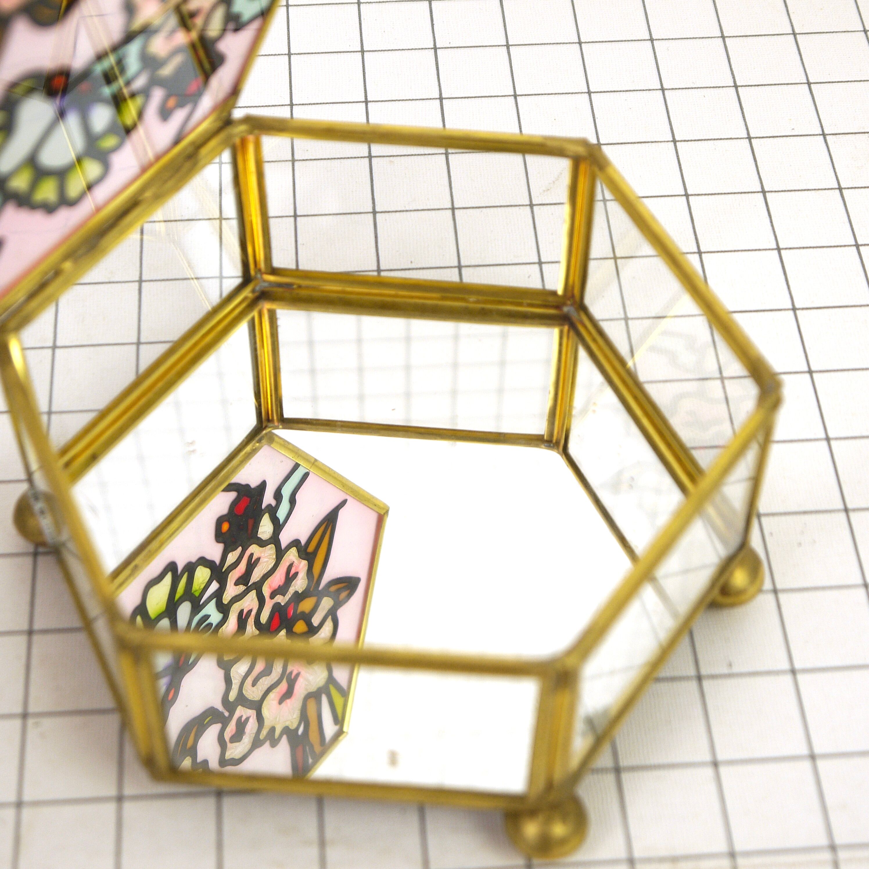 Brass box, glass and stained glass