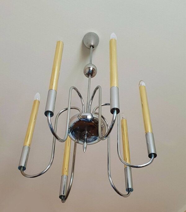 Lustre 1950s en laiton et laiton chromé à 6 lumières