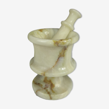 Mortar and pestle in off-white onyx marble+orange veins-Height 10,5cm