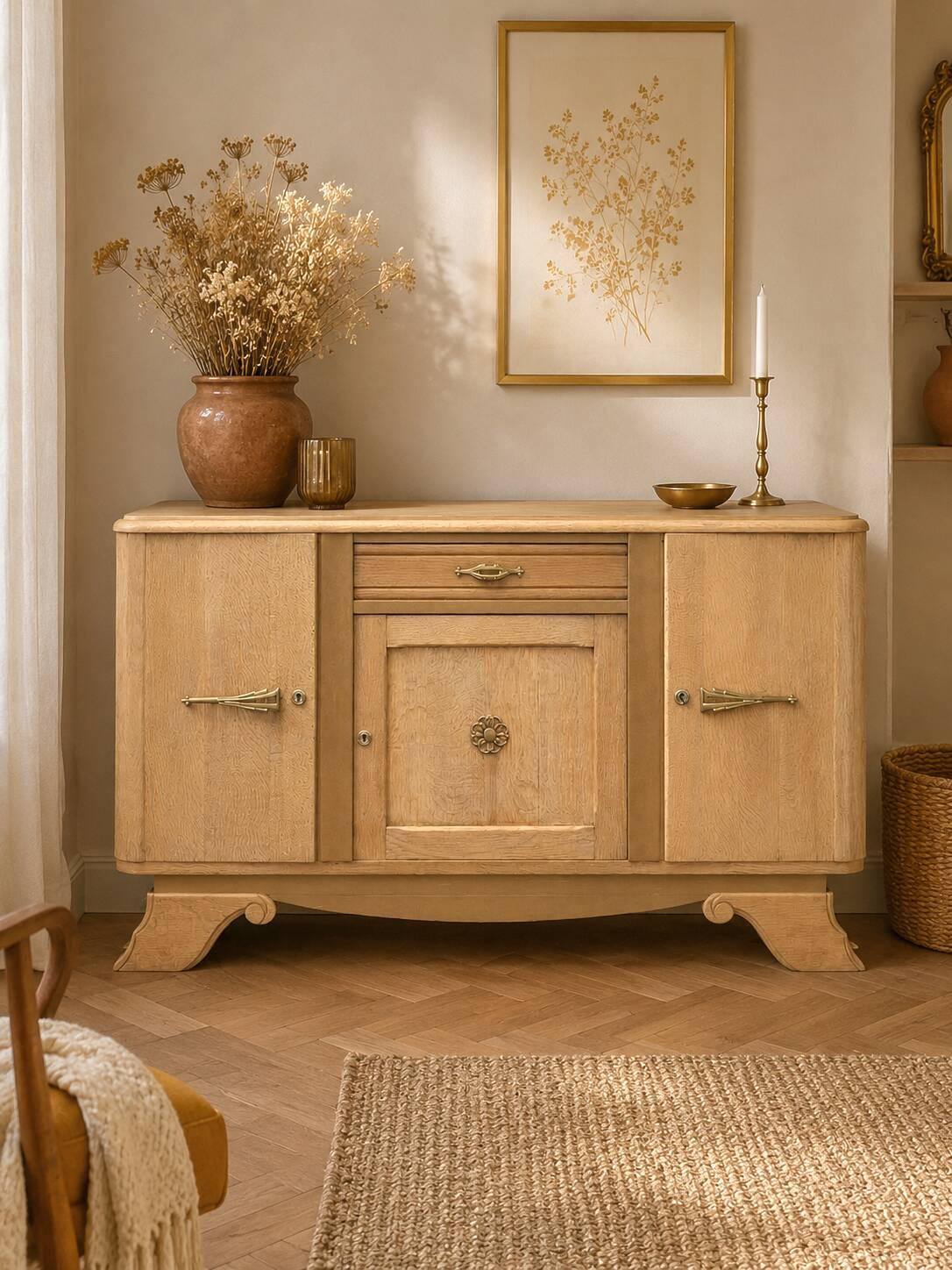 Art deco buffet in solid oak and ochre.
