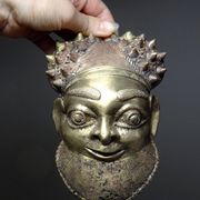 Small gilded bronze Oba mask from Bamoun, Cameroon, vintage Africa