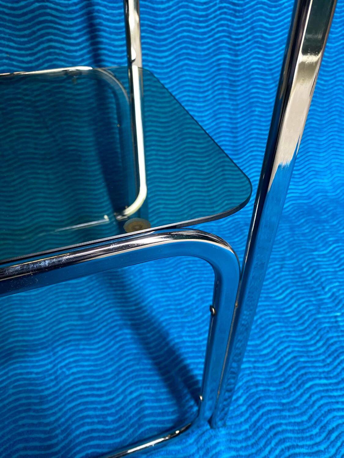 Vintage 1970s coffee table square chrome base u-shaped oval profile