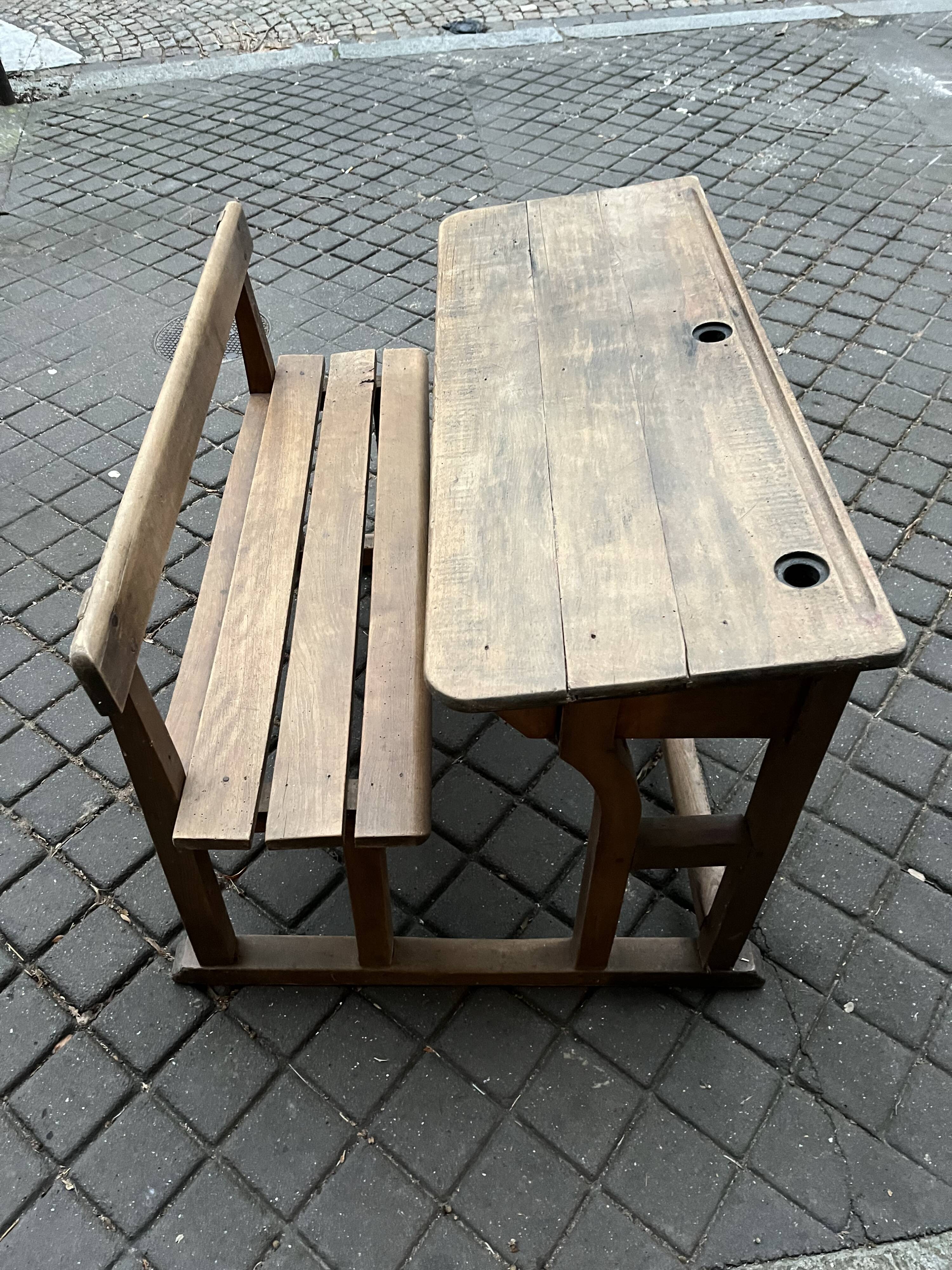 Old double school desk with built-in bench